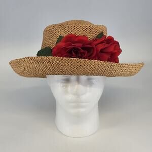 Eric Javits Luxury Squishee Sun Hat Beige Packable Woven Rose Brim Hatpin Vtg